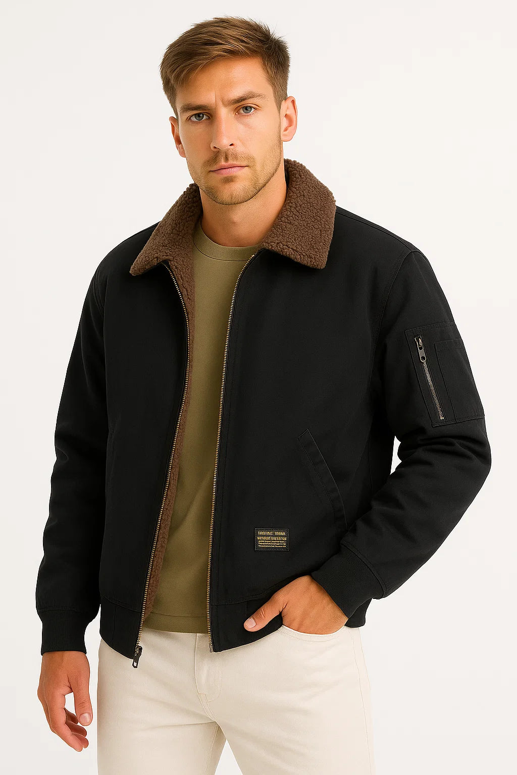 Herren Bomberjacke aus Baumwoll-Canvas mit Sherpa-Futter, windabweisend