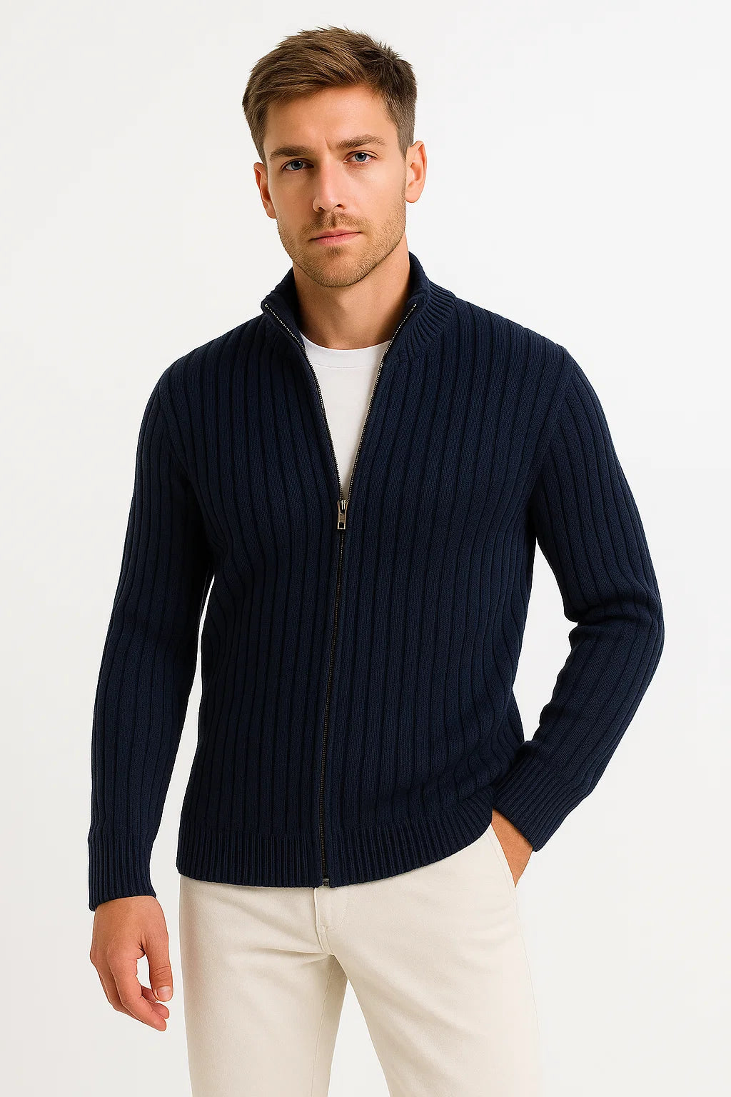 Herren Cardigan aus grauem Rippstrick – Leichtgewicht mit lässigem und formellem Design