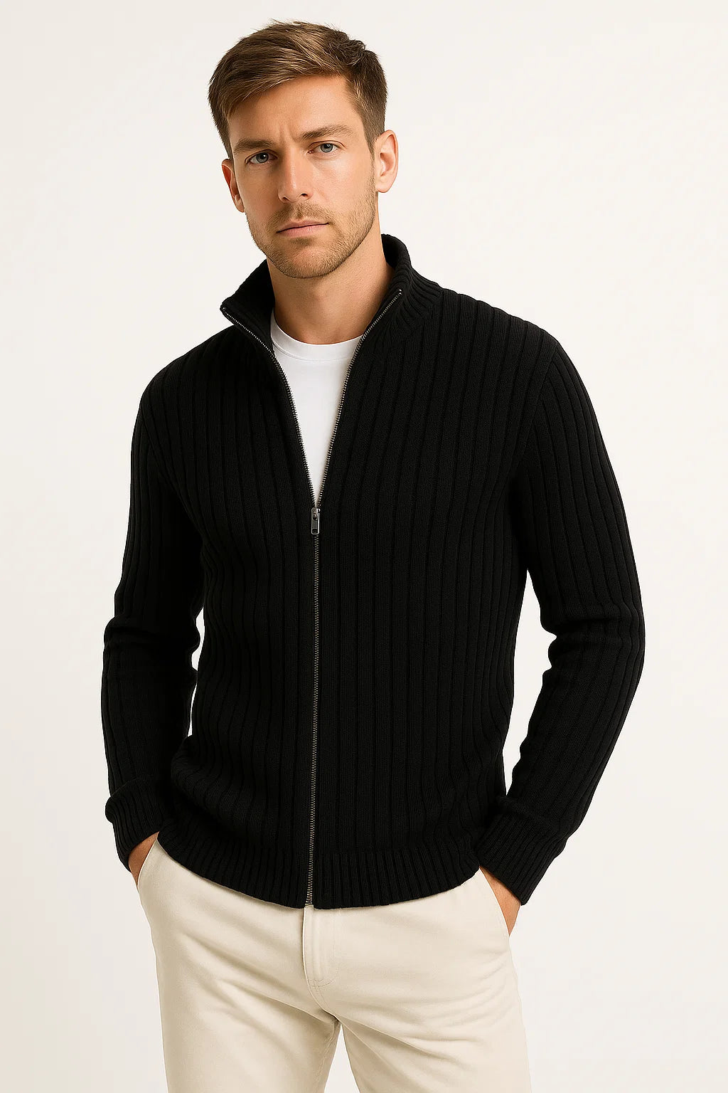 Herren Cardigan aus grauem Rippstrick – Leichtgewicht mit lässigem und formellem Design