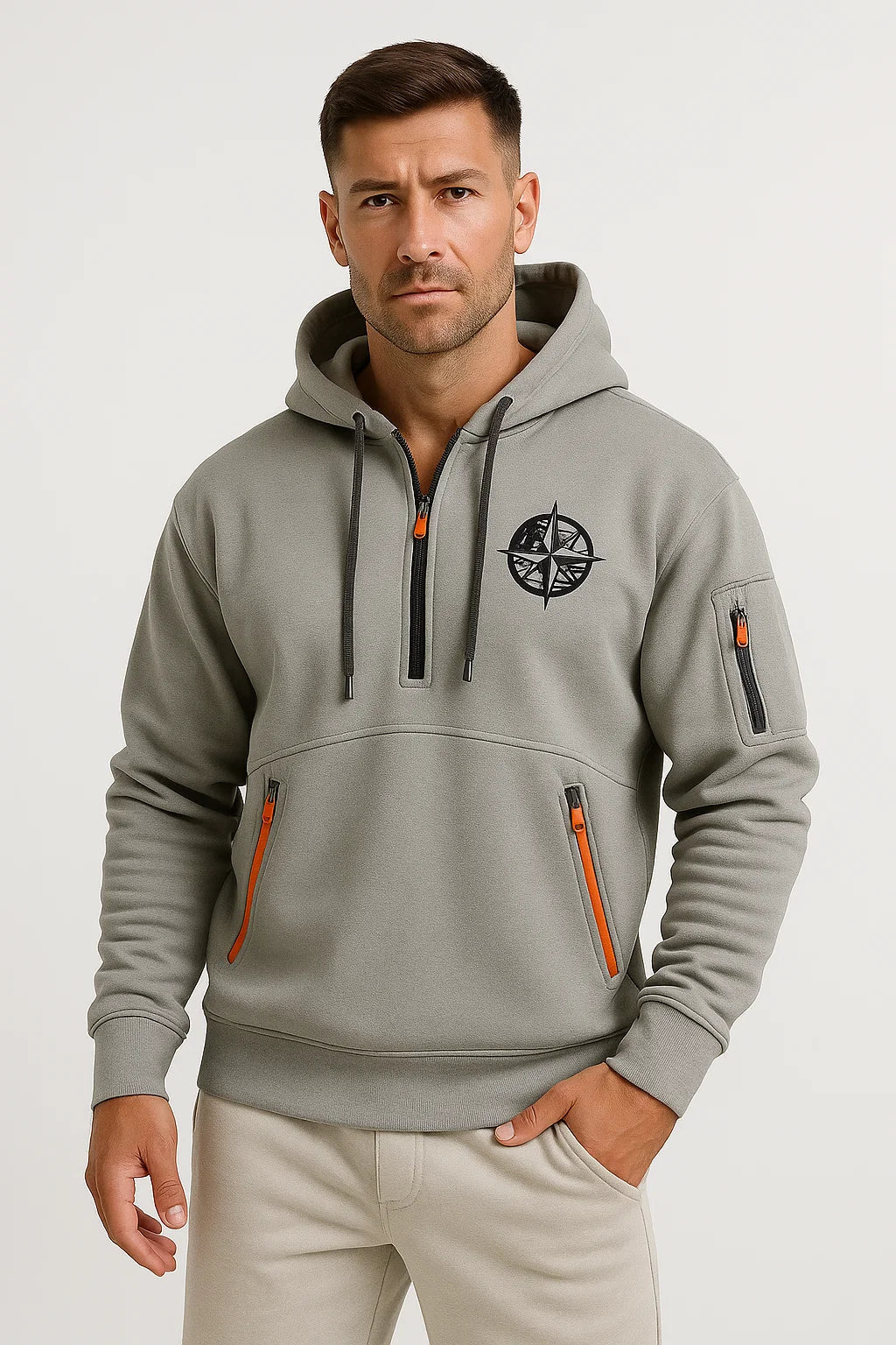 Herren Blau Baumwoll-Hoodie mit Mehrfach-Reißverschluss, Bestickt, Lässig und Sportlich mit Taschen