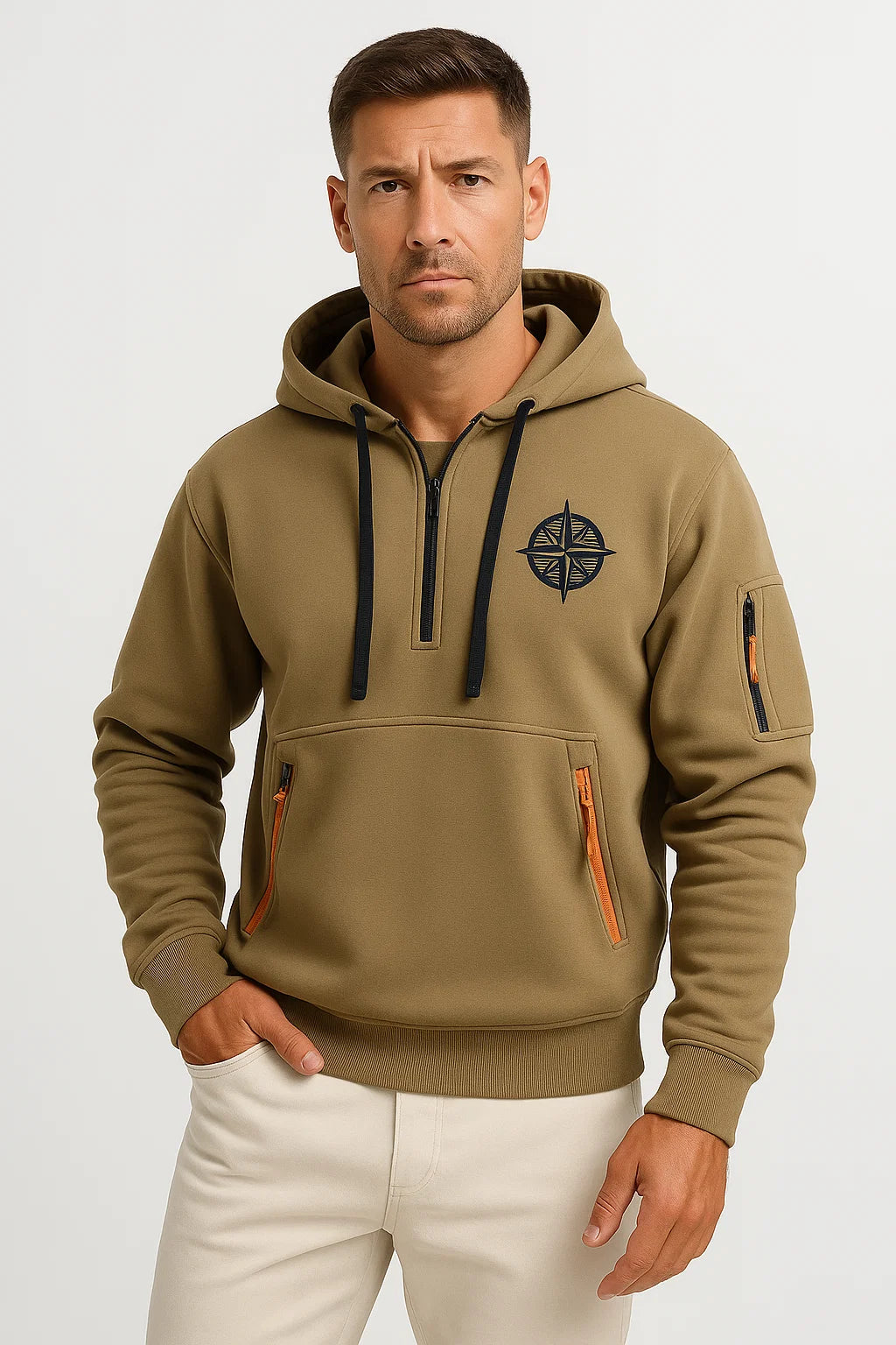 Herren Blau Baumwoll-Hoodie mit Mehrfach-Reißverschluss, Bestickt, Lässig und Sportlich mit Taschen