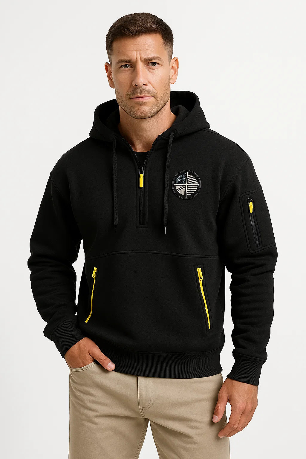 Herren Blau Baumwoll-Hoodie mit Mehrfach-Reißverschluss, Bestickt, Lässig und Sportlich mit Taschen