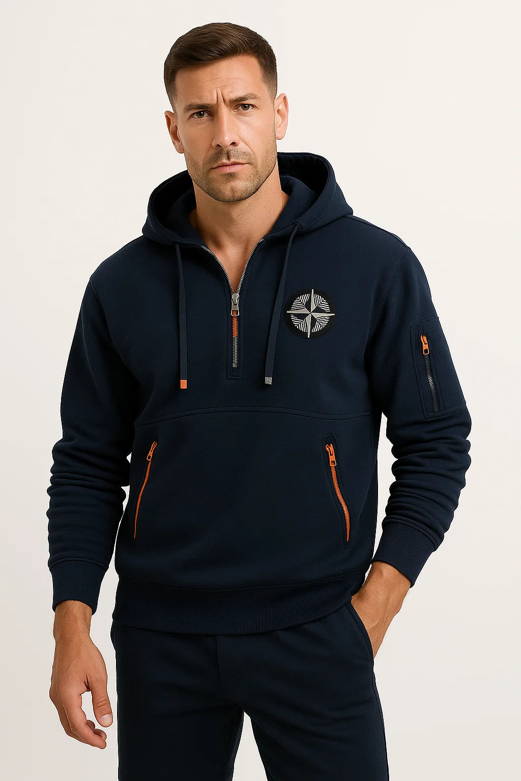 Herren Blau Baumwoll-Hoodie mit Mehrfach-Reißverschluss, Bestickt, Lässig und Sportlich mit Taschen