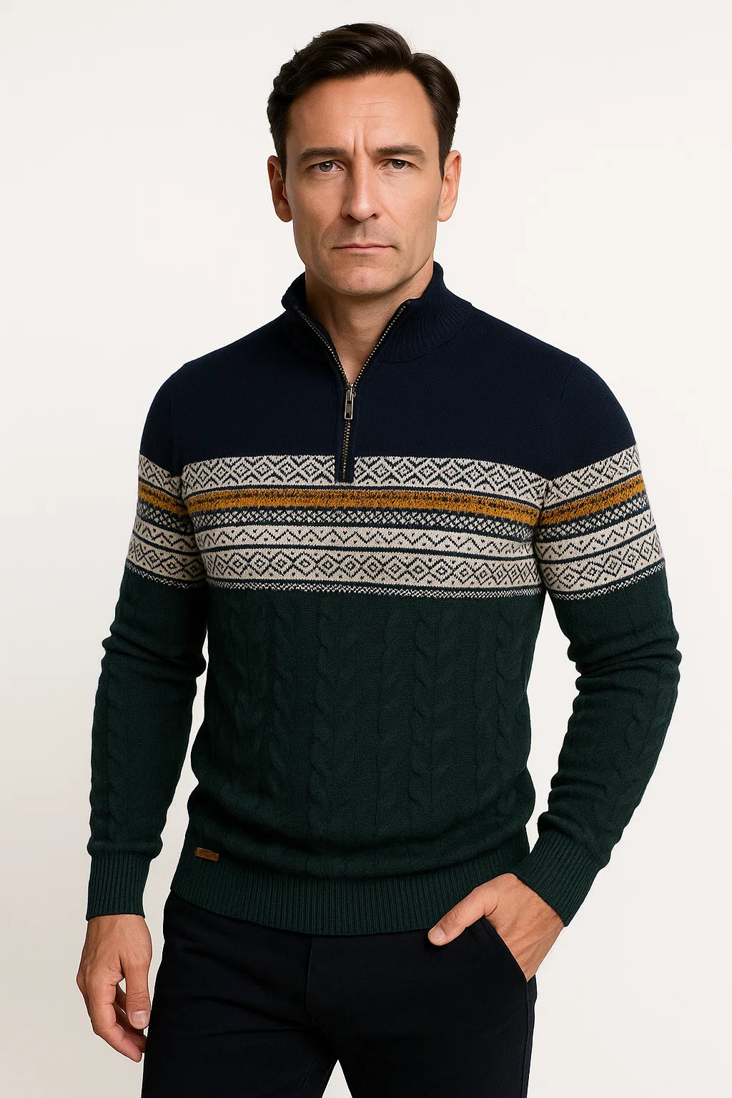 Herren Pullover mit Viertelreißverschluss aus Baumwollmischung im Fair Isle Muster – Sportliche Passform