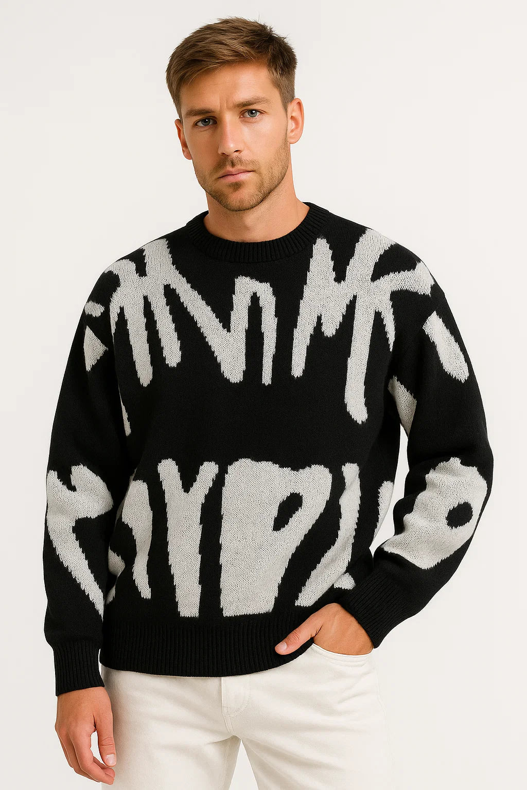 Herren Oversized Pullover aus leichter Wolle mit abstraktem Design