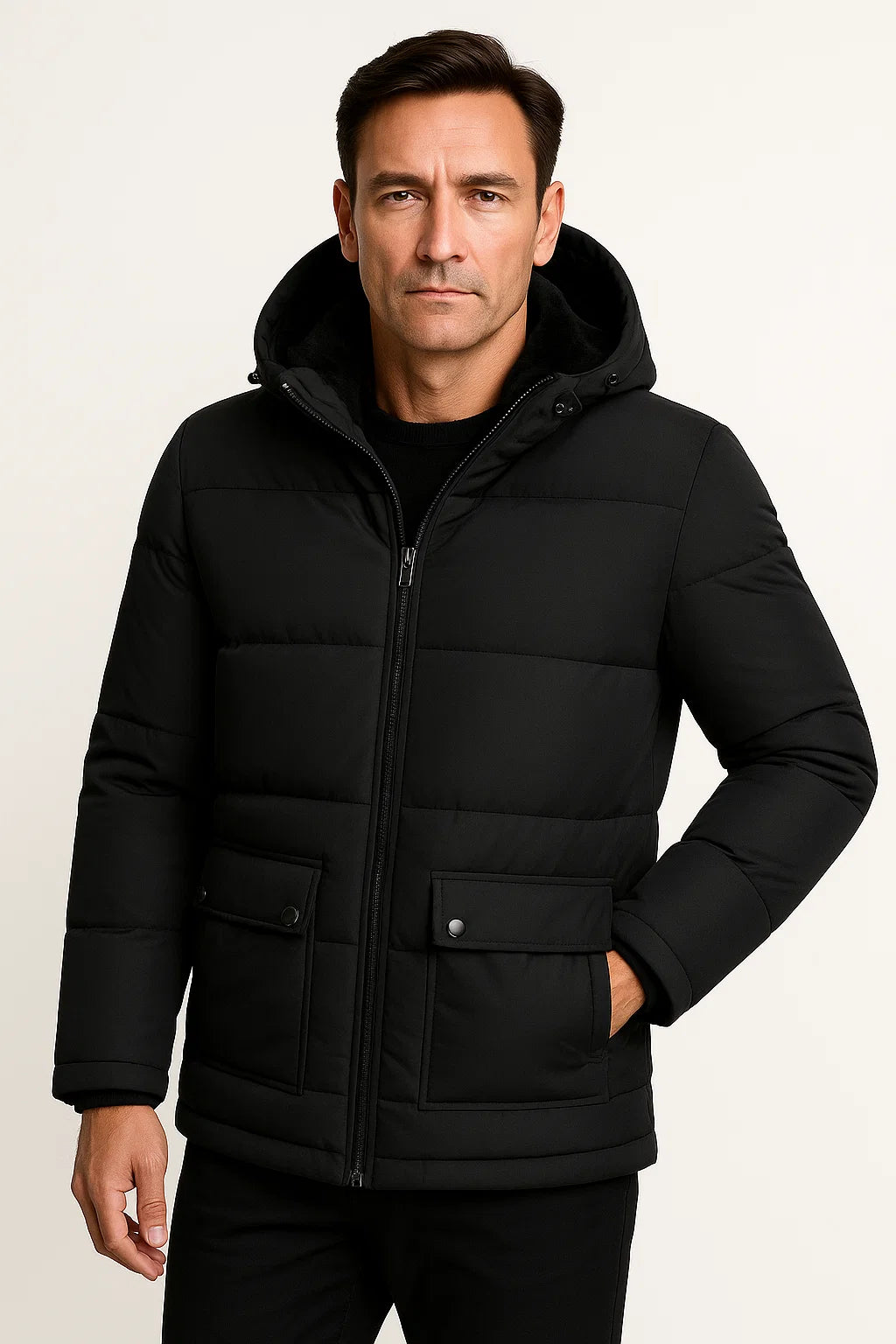 Herren Winterjacke Schwarze Lammwolle Oversized Kapuzen Dicke Padded Jacke