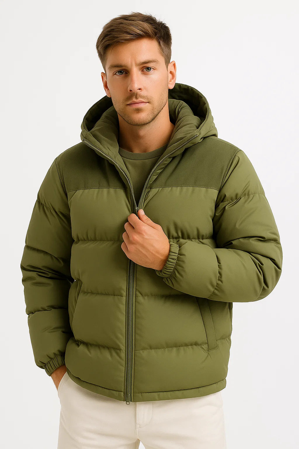 Leichte isolierte Herren-Pufferjacke mit Kapuze und Taschen