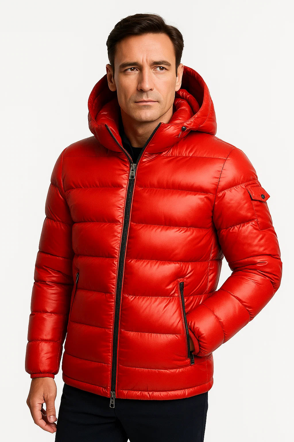 Leichte Polyester-Pufferjacke für Herren mit verstellbarer Kapuze und schlanker Passform