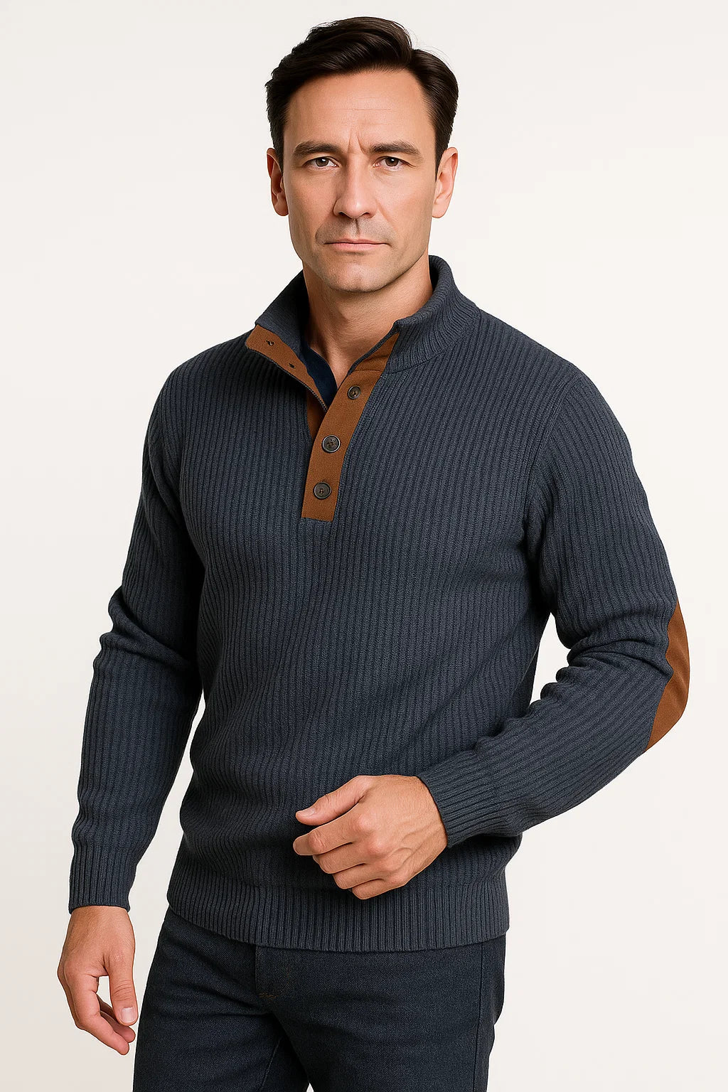 Klassischer Herrenpullover aus Polyester mit lässigen Wildleder-Ellbogenpatches und Knopfleiste