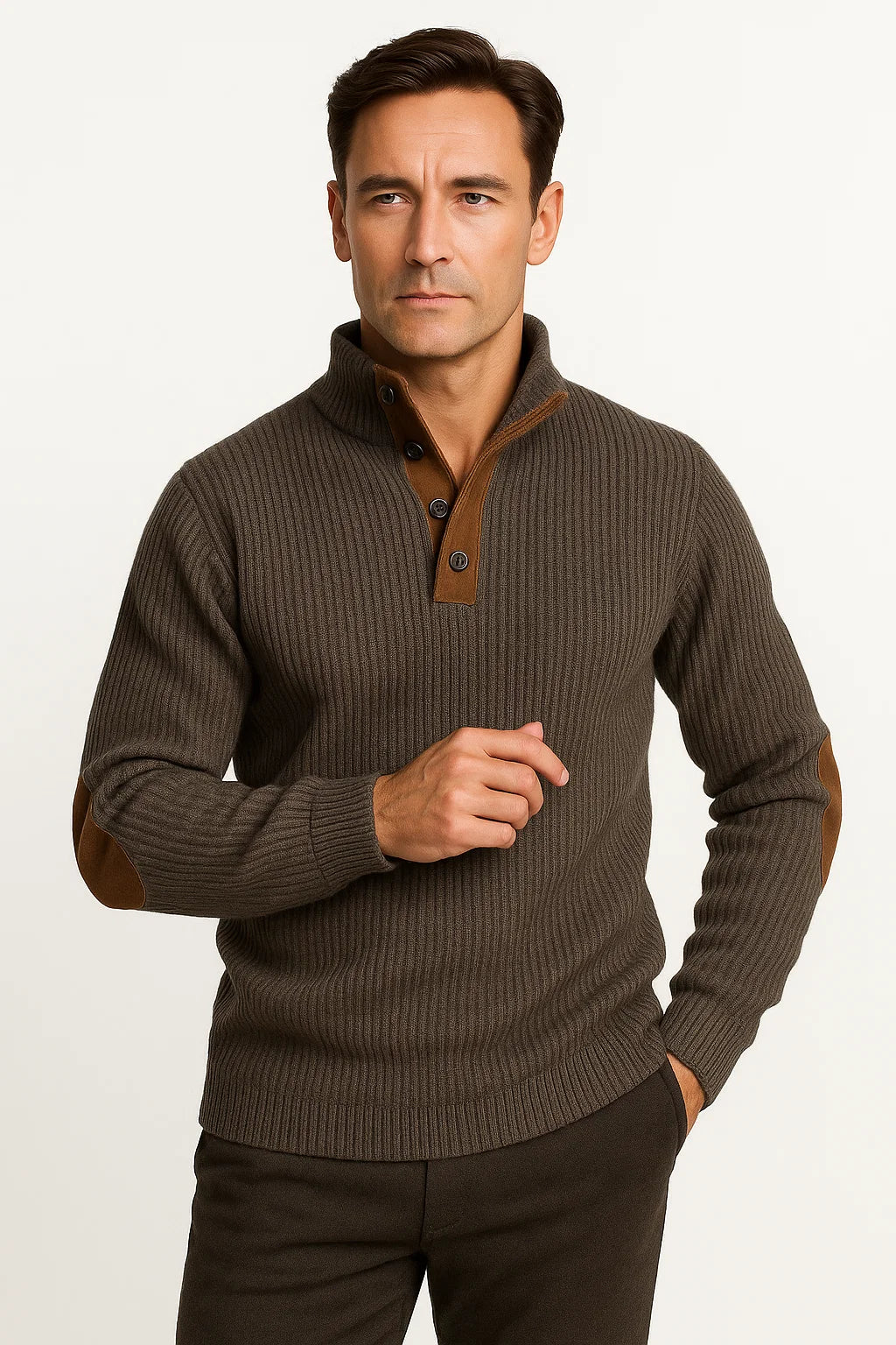 Klassischer Herrenpullover aus Polyester mit lässigen Wildleder-Ellbogenpatches und Knopfleiste