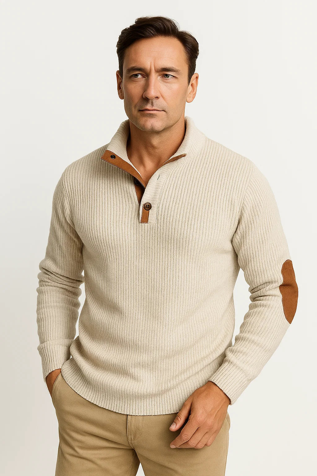 Klassischer Herrenpullover aus Polyester mit lässigen Wildleder-Ellbogenpatches und Knopfleiste