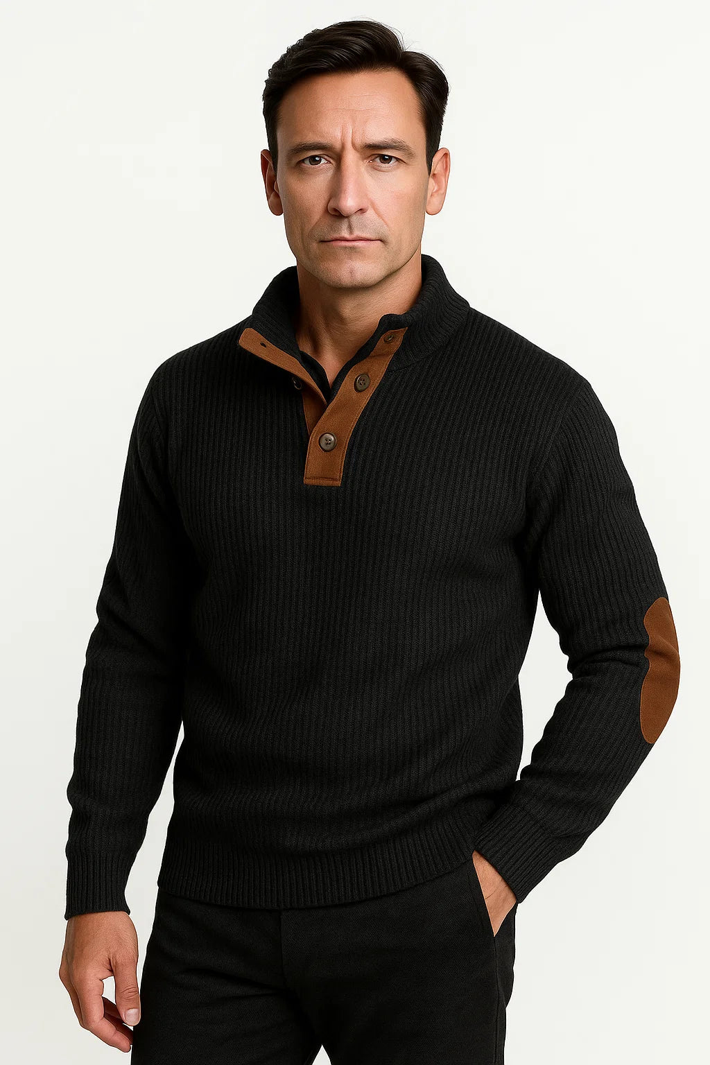 Klassischer Herrenpullover aus Polyester mit lässigen Wildleder-Ellbogenpatches und Knopfleiste