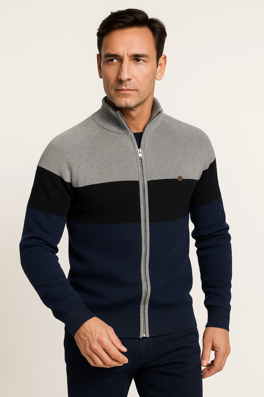 Leichte Herren Baumwoll-Pulloverjacke mit Reißverschluss und Farbblockdesign