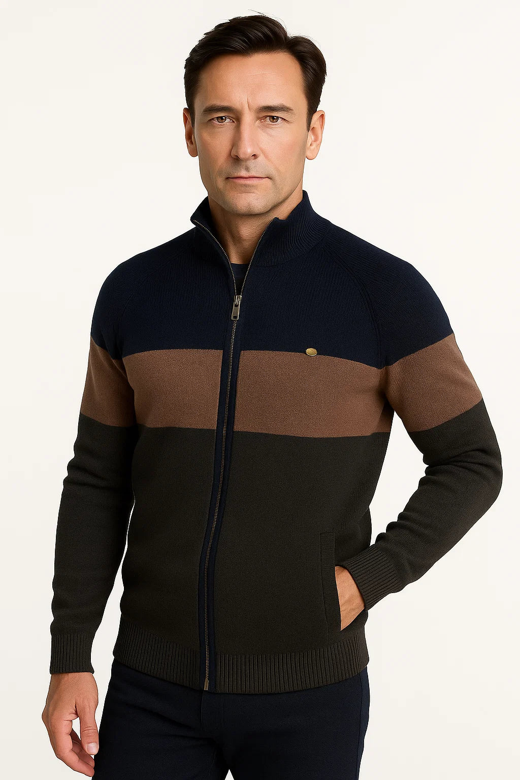 Leichte Herren Baumwoll-Pulloverjacke mit Reißverschluss und Farbblockdesign