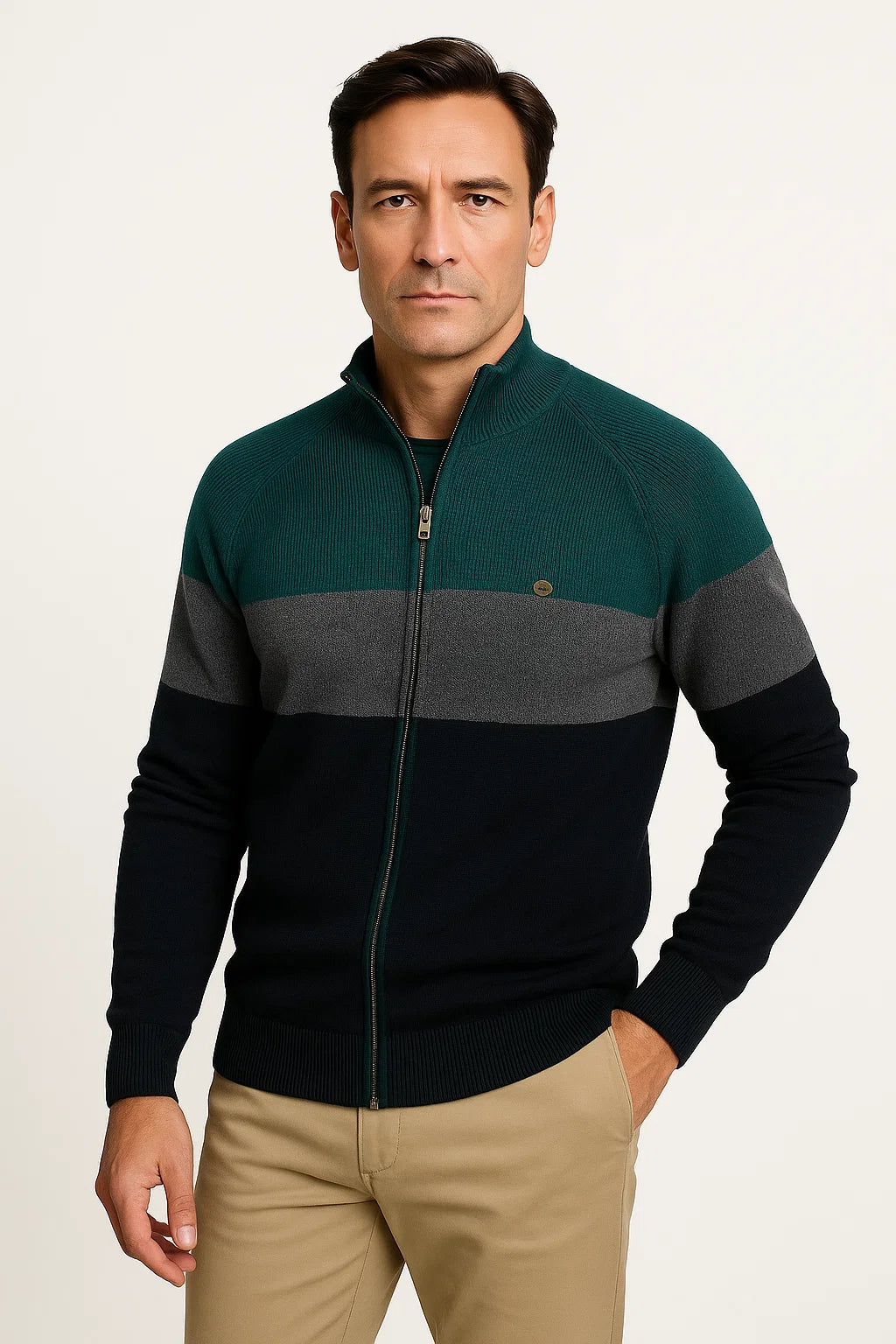 Leichte Herren Baumwoll-Pulloverjacke mit Reißverschluss und Farbblockdesign