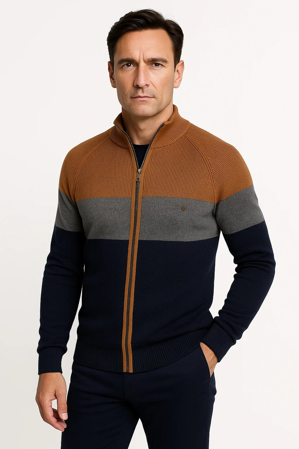 Leichte Herren Baumwoll-Pulloverjacke mit Reißverschluss und Farbblockdesign
