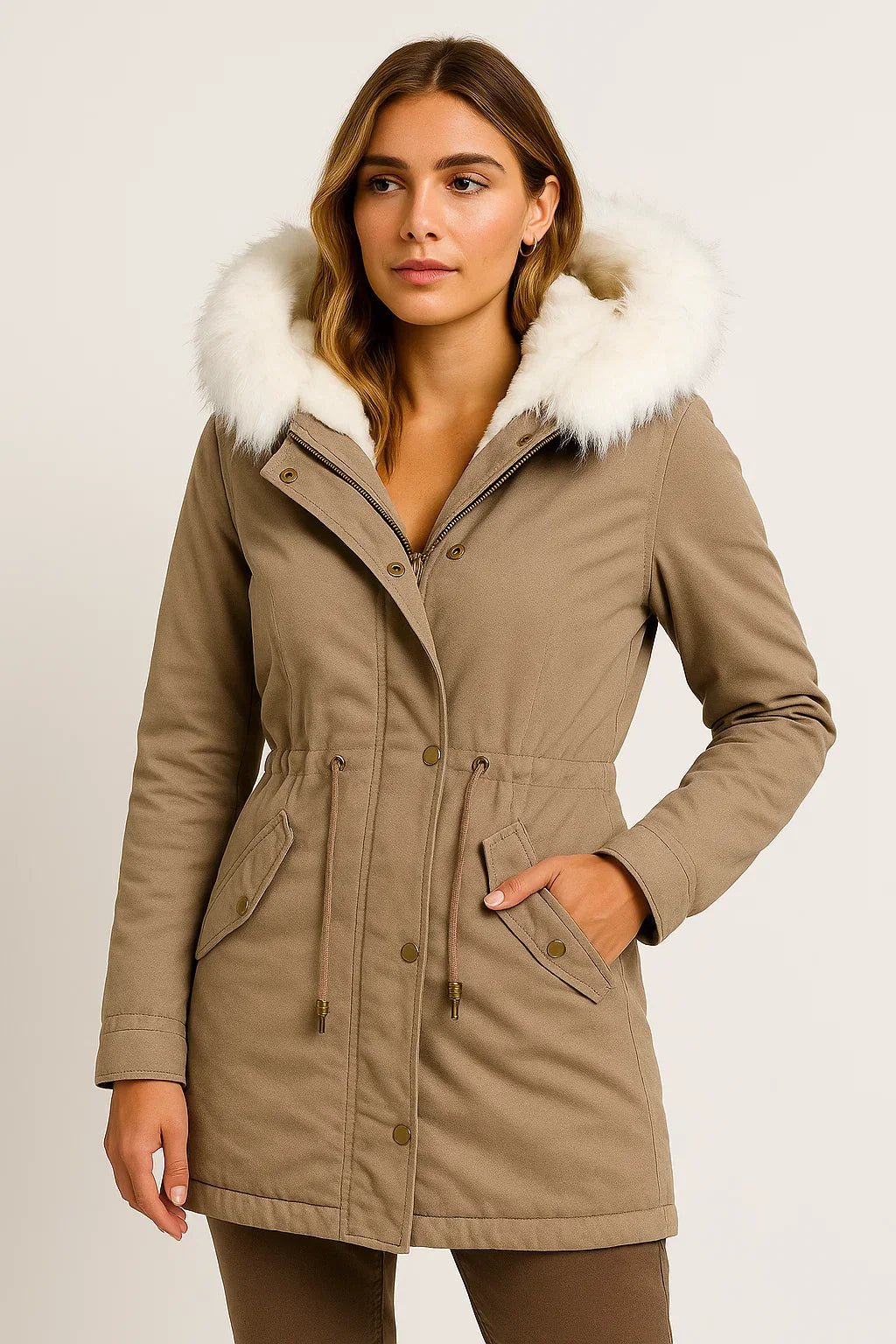 Damen Winterjacke Grau Polyester Lange Kapuze Knopfdetail Fleece-Futter Bequem und Stilvoll