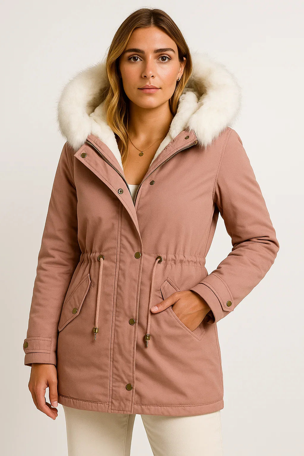 Damen Winterjacke Grau Polyester Lange Kapuze Knopfdetail Fleece-Futter Bequem und Stilvoll