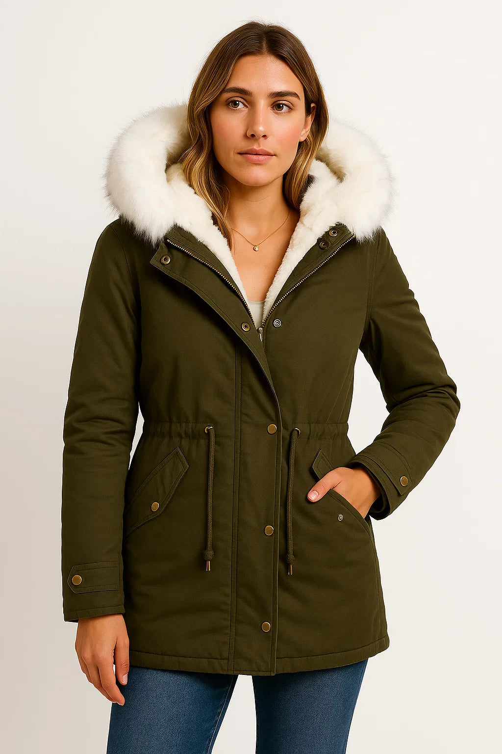 Damen Winterjacke Grau Polyester Lange Kapuze Knopfdetail Fleece-Futter Bequem und Stilvoll
