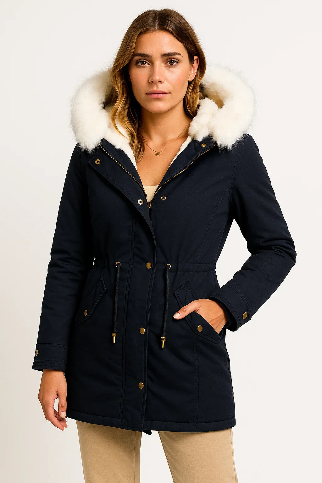 Damen Winterjacke Grau Polyester Lange Kapuze Knopfdetail Fleece-Futter Bequem und Stilvoll