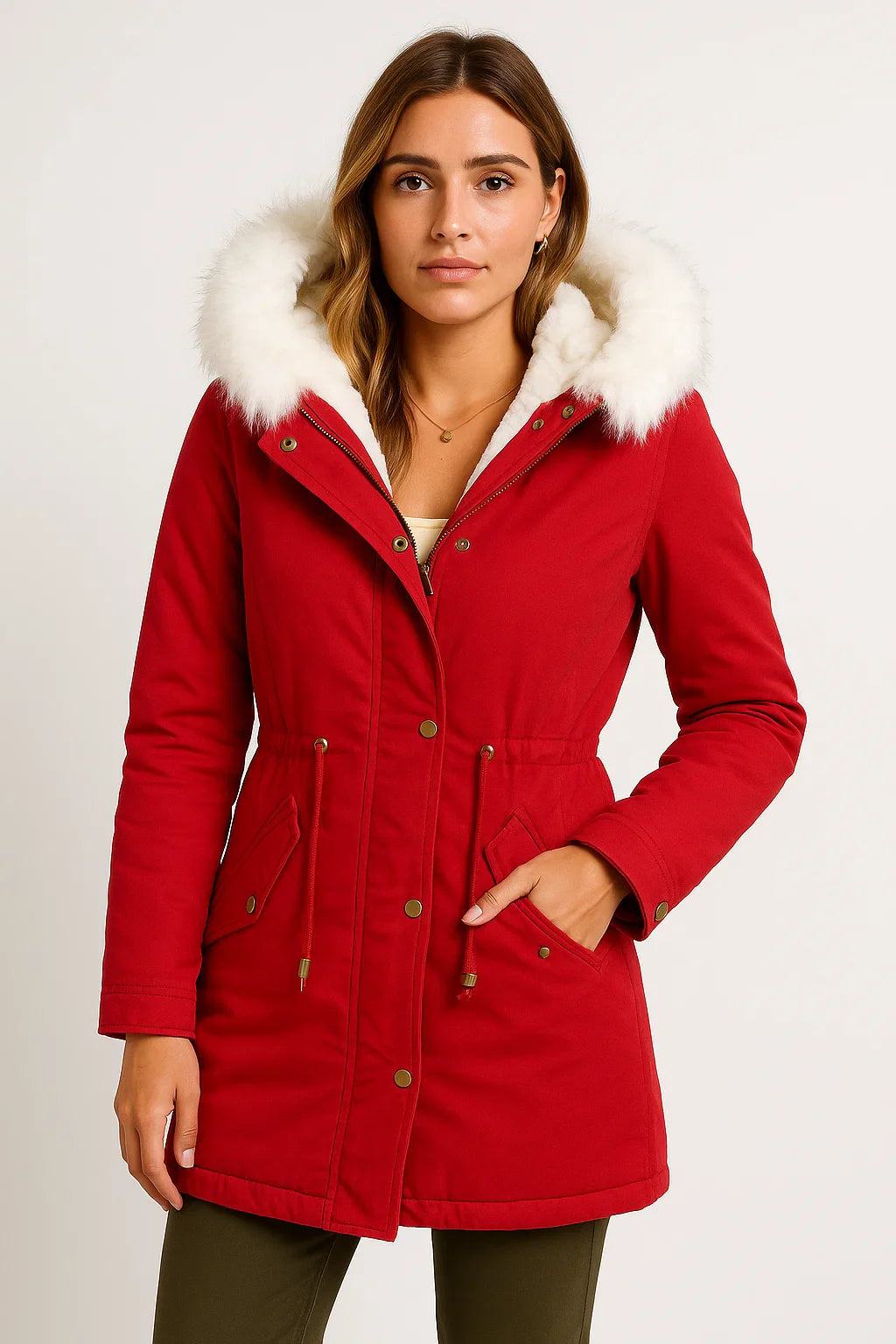Damen Winterjacke Grau Polyester Lange Kapuze Knopfdetail Fleece-Futter Bequem und Stilvoll