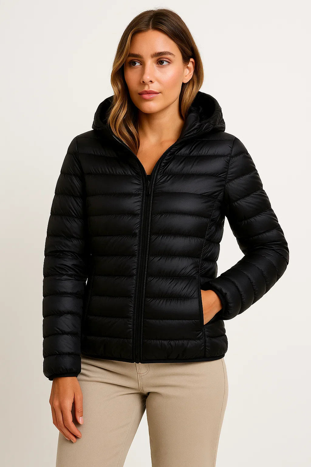 Damen Daunenjacke Schwarz Leichte Winterjacke mit Kapuze Packbare Freizeitgestaltung