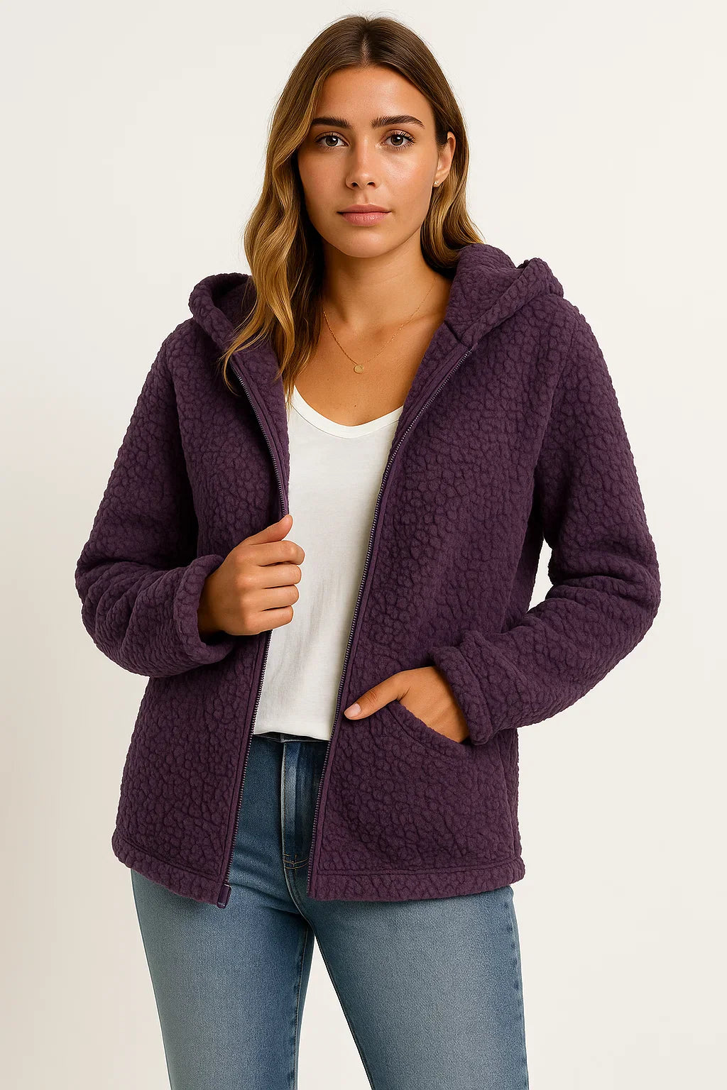 Damenmantel Beige Teddy-Fleece mit Taschen Reißverschluss Elegante Winterjacke