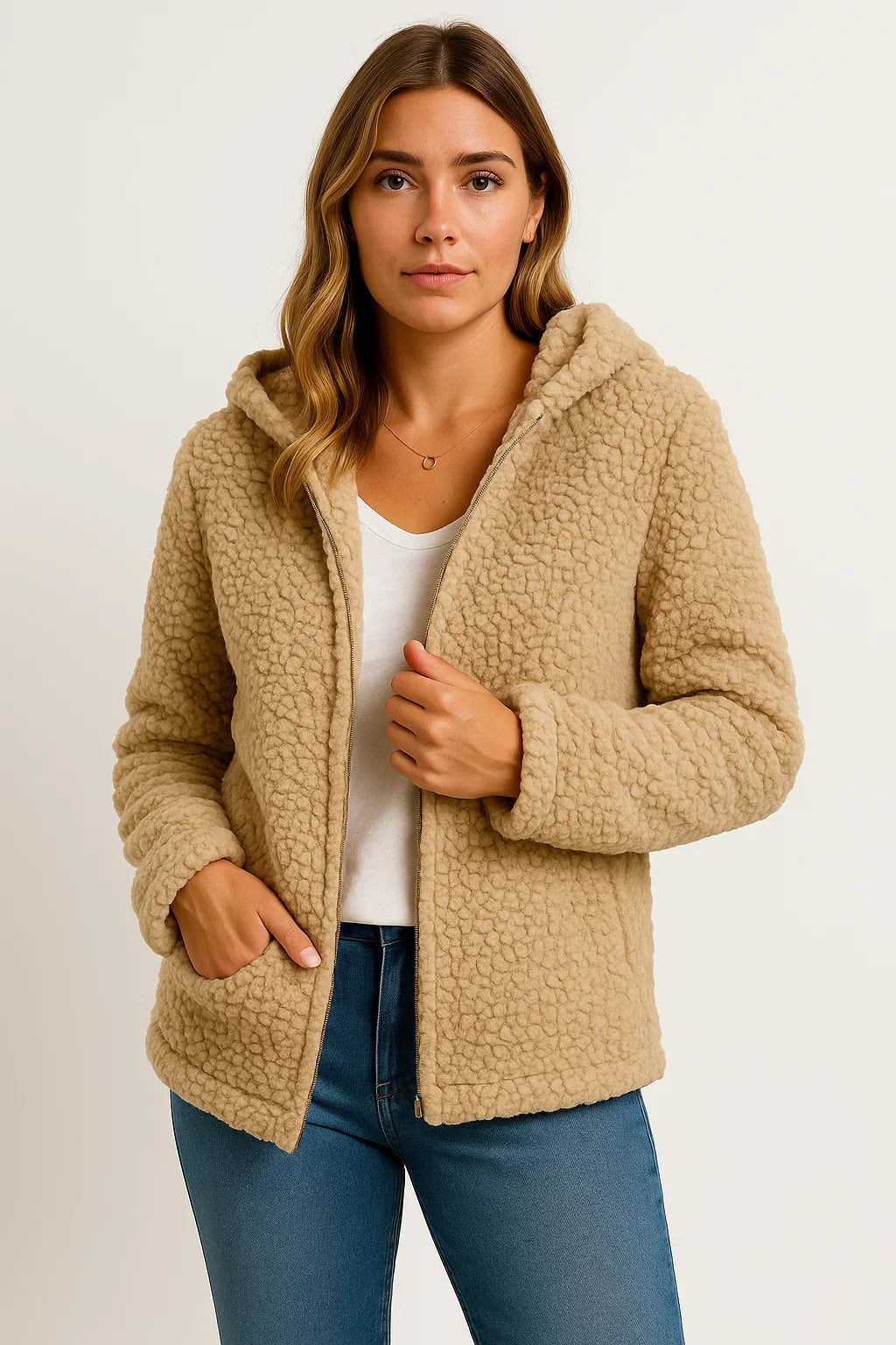 Damenmantel Beige Teddy-Fleece mit Taschen Reißverschluss Elegante Winterjacke