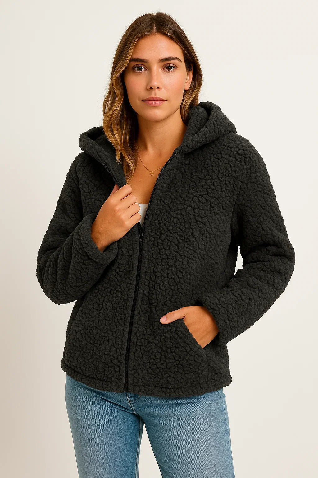 Damenmantel Beige Teddy-Fleece mit Taschen Reißverschluss Elegante Winterjacke