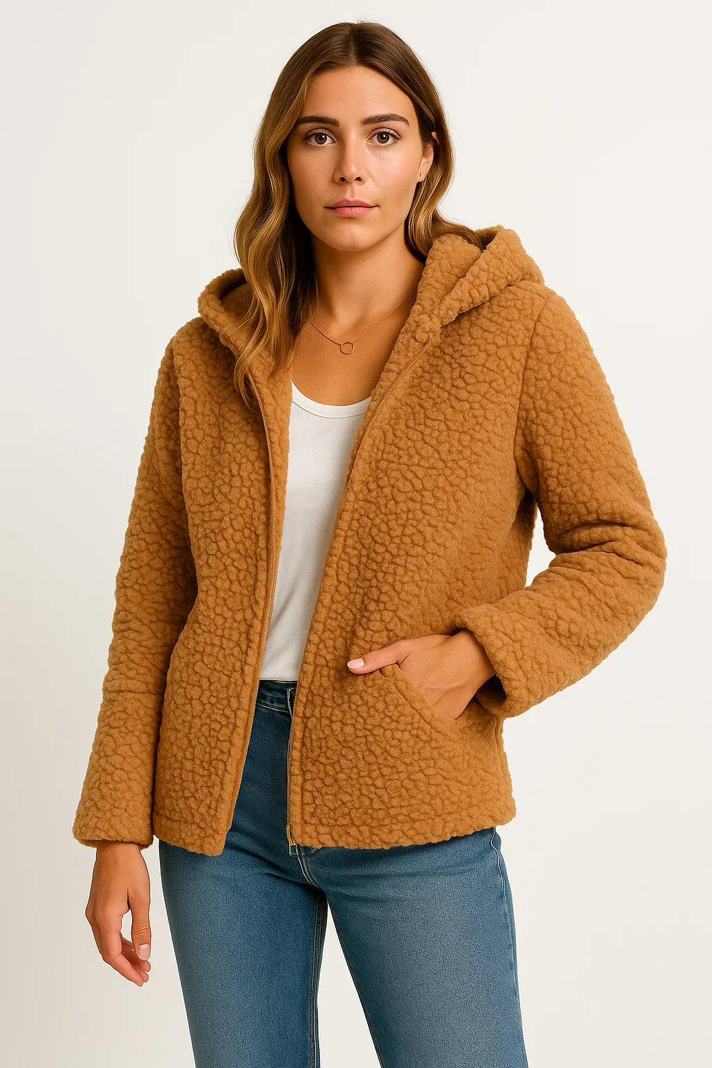 Damenmantel Beige Teddy-Fleece mit Taschen Reißverschluss Elegante Winterjacke