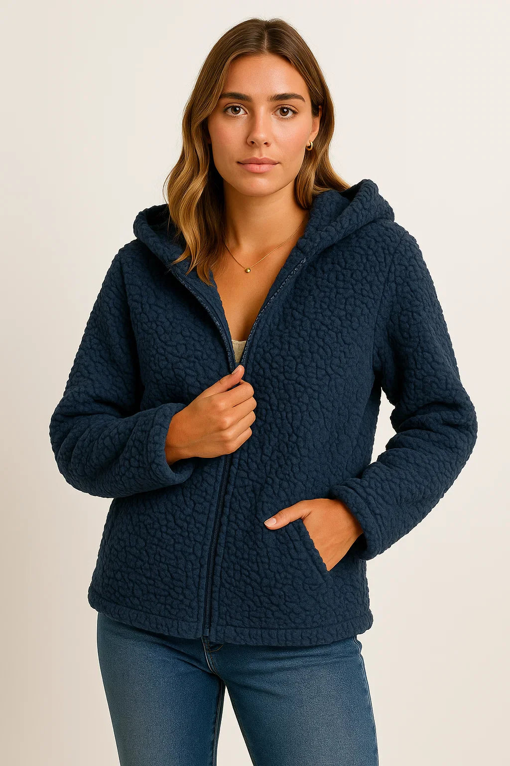 Damenmantel Beige Teddy-Fleece mit Taschen Reißverschluss Elegante Winterjacke