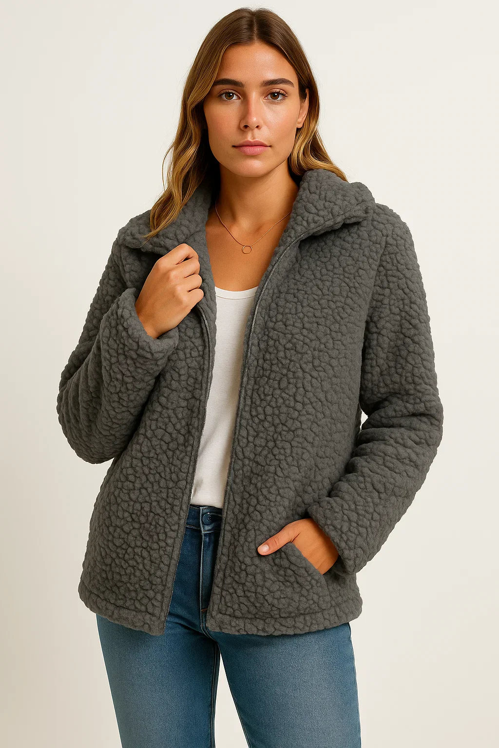 Damenmantel Beige Teddy-Fleece mit Taschen Reißverschluss Elegante Winterjacke