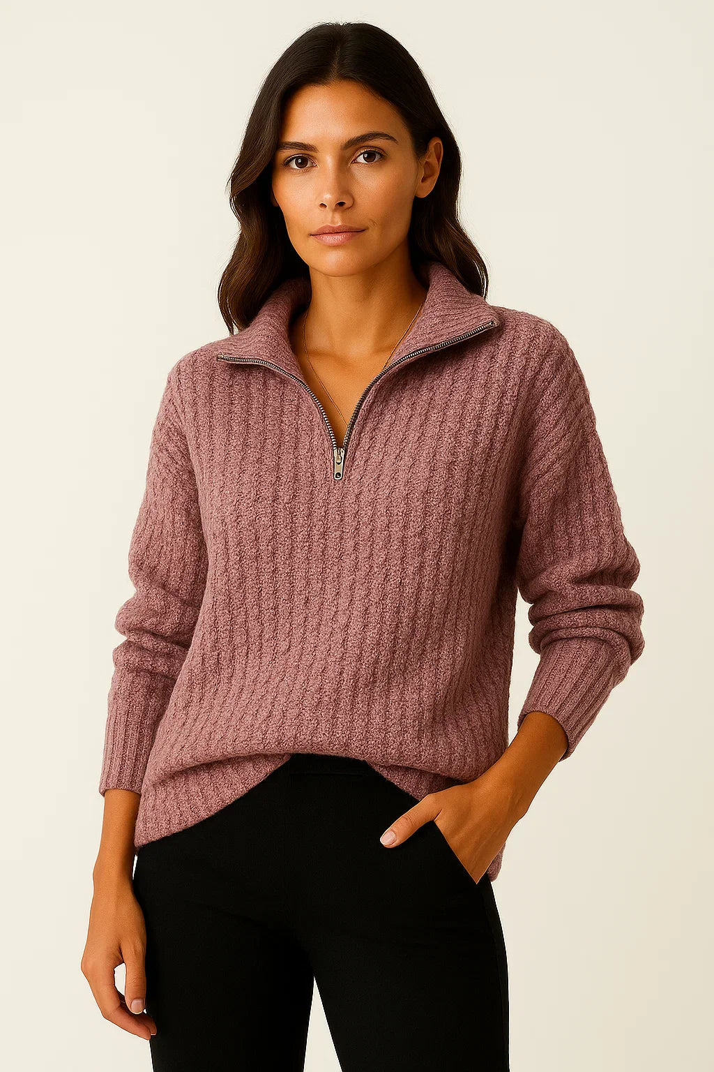 Damen Pullover Grau Weiches Material Halb-Reißverschluss Lässiger Schnitt Lange Ärmel