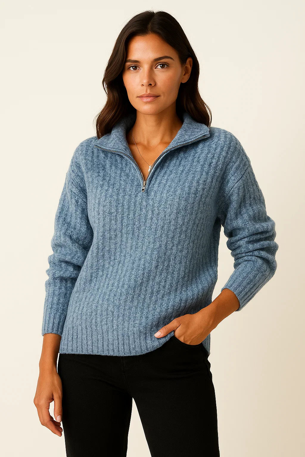 Damen Pullover Grau Weiches Material Halb-Reißverschluss Lässiger Schnitt Lange Ärmel