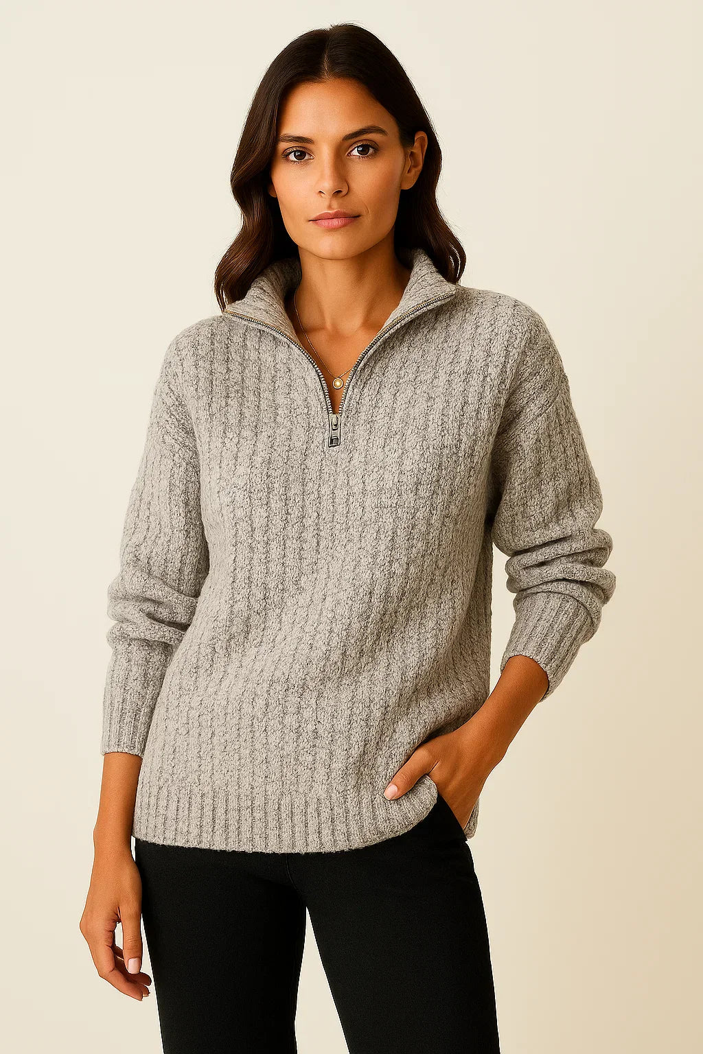 Damen Pullover Grau Weiches Material Halb-Reißverschluss Lässiger Schnitt Lange Ärmel