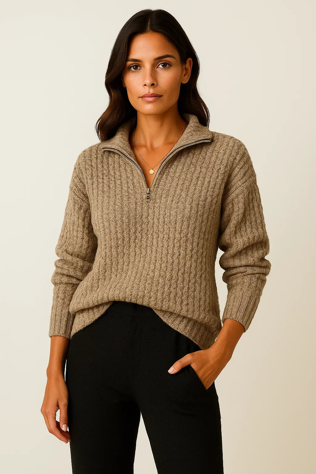Damen Pullover Grau Weiches Material Halb-Reißverschluss Lässiger Schnitt Lange Ärmel