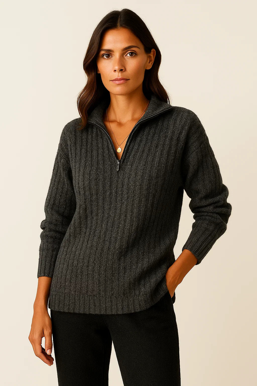 Damen Pullover Grau Weiches Material Halb-Reißverschluss Lässiger Schnitt Lange Ärmel