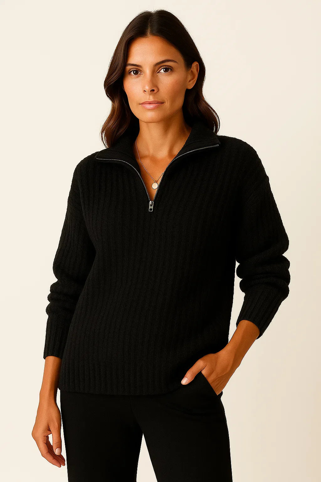 Damen Pullover Grau Weiches Material Halb-Reißverschluss Lässiger Schnitt Lange Ärmel