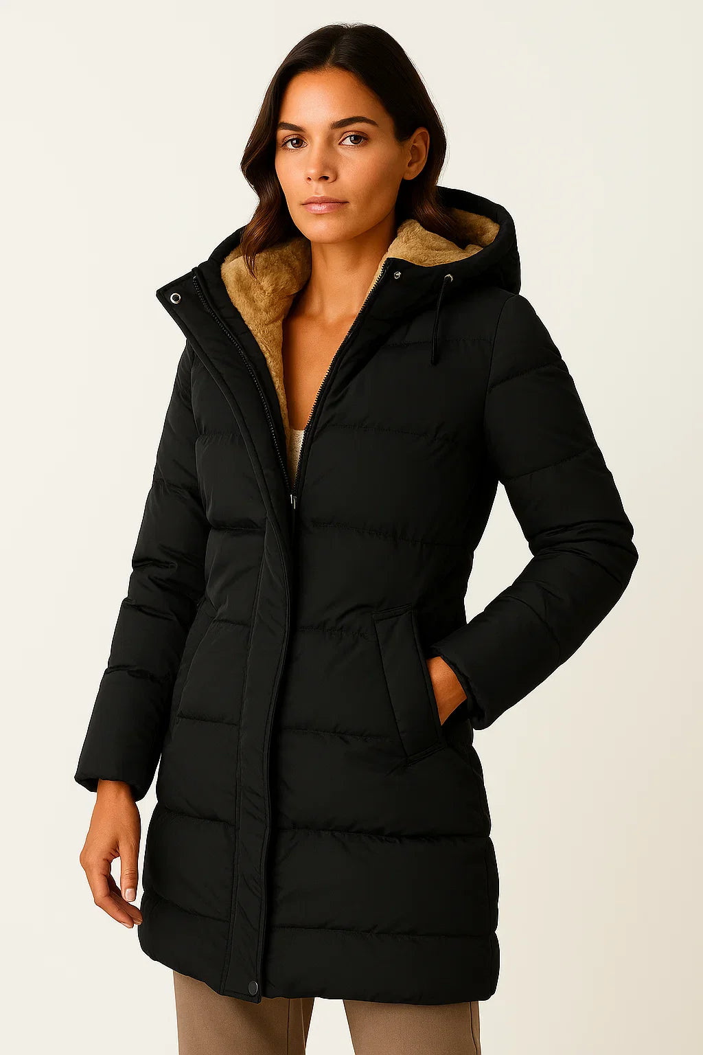 Damen Schwarze Pufferjacke Isoliert Polyester Elegantes Design für Herbst und Winter