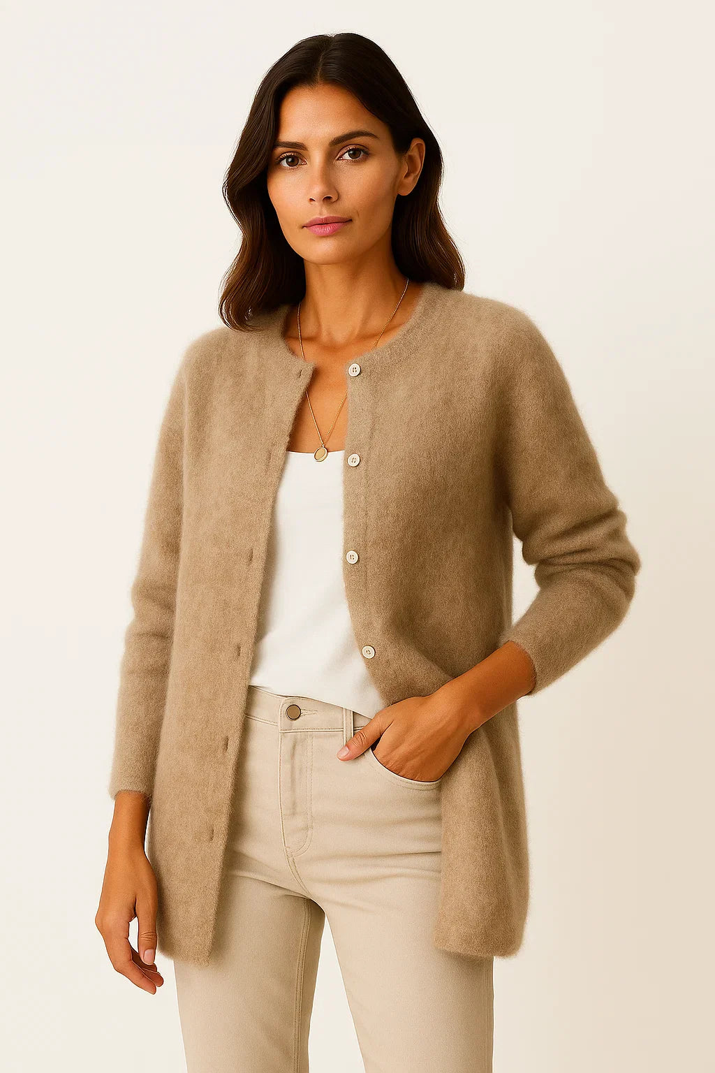 Damen Cardigan Mantel Beige Strickweich Warm Lang Elegant Mit Taschen