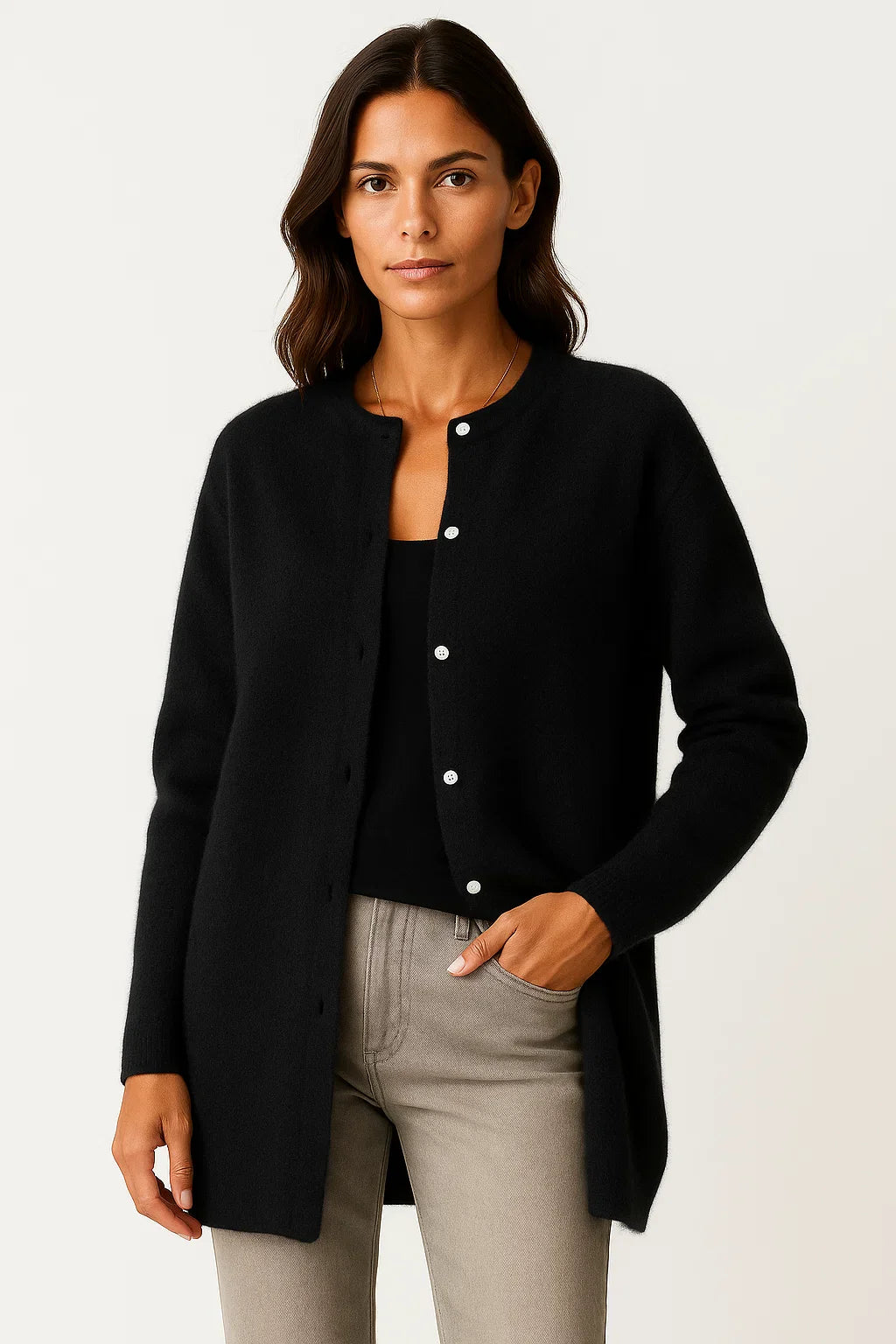 Damen Cardigan Mantel Beige Strickweich Warm Lang Elegant Mit Taschen