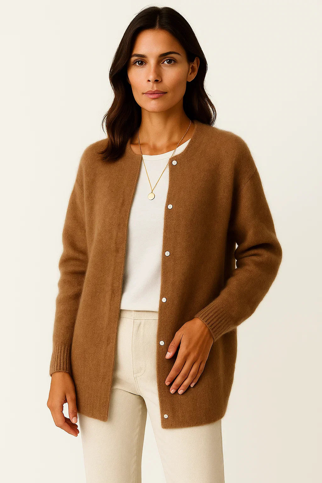 Damen Cardigan Mantel Beige Strickweich Warm Lang Elegant Mit Taschen