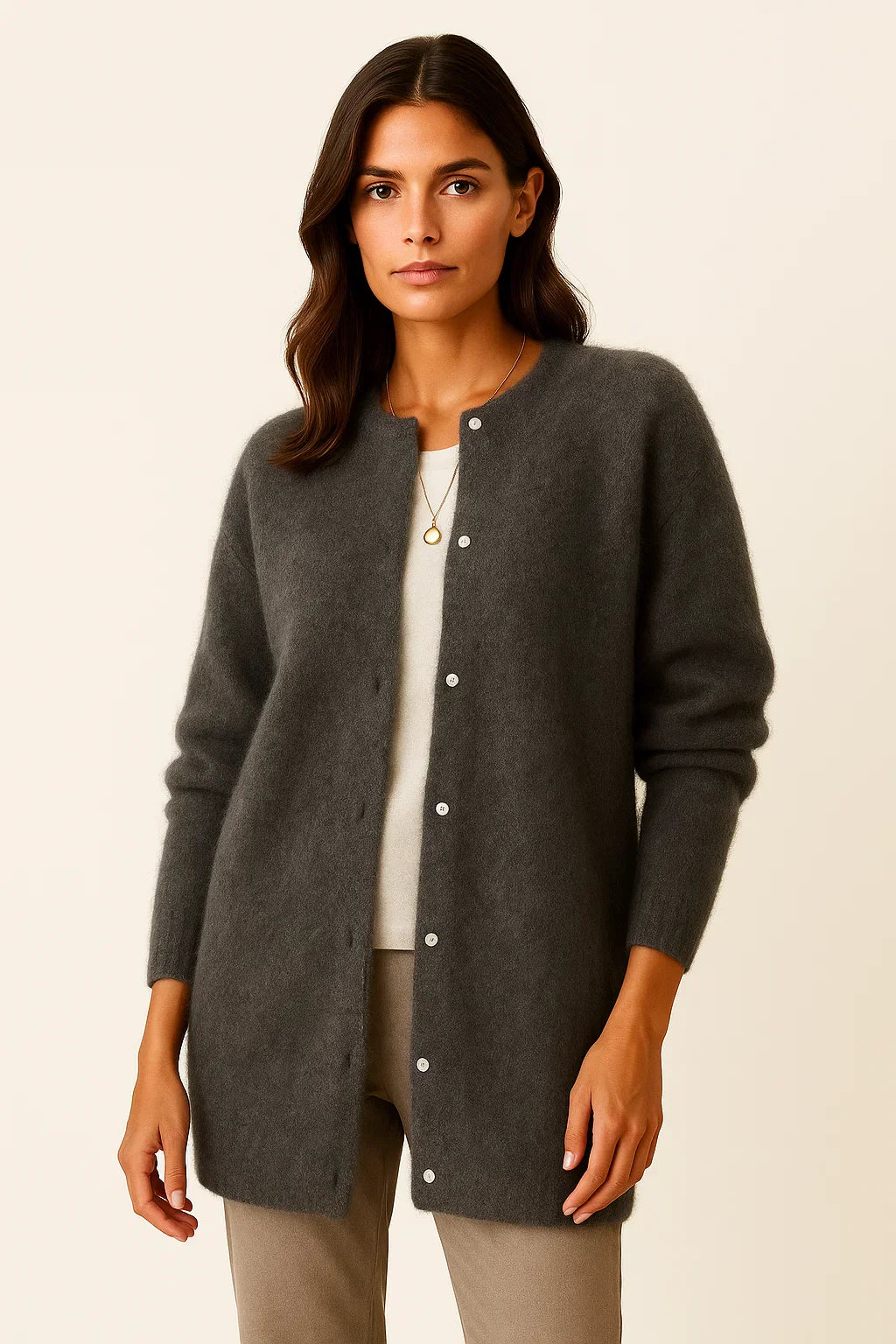 Damen Cardigan Mantel Beige Strickweich Warm Lang Elegant Mit Taschen