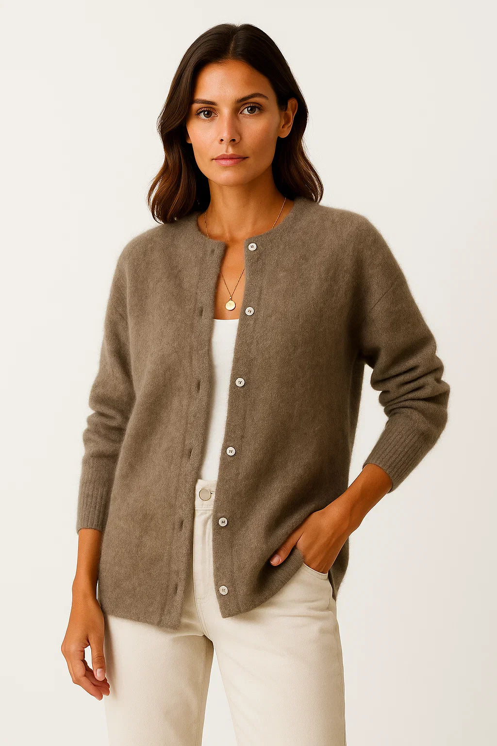 Damen Cardigan Mantel Beige Strickweich Warm Lang Elegant Mit Taschen