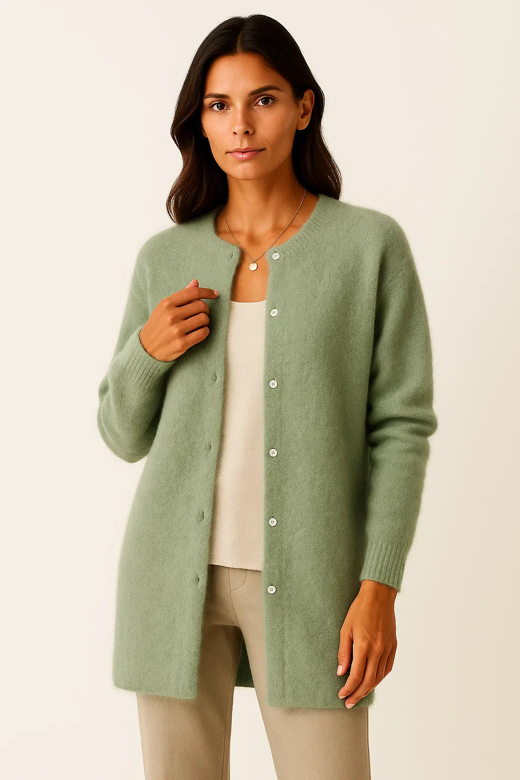 Damen Cardigan Mantel Beige Strickweich Warm Lang Elegant Mit Taschen
