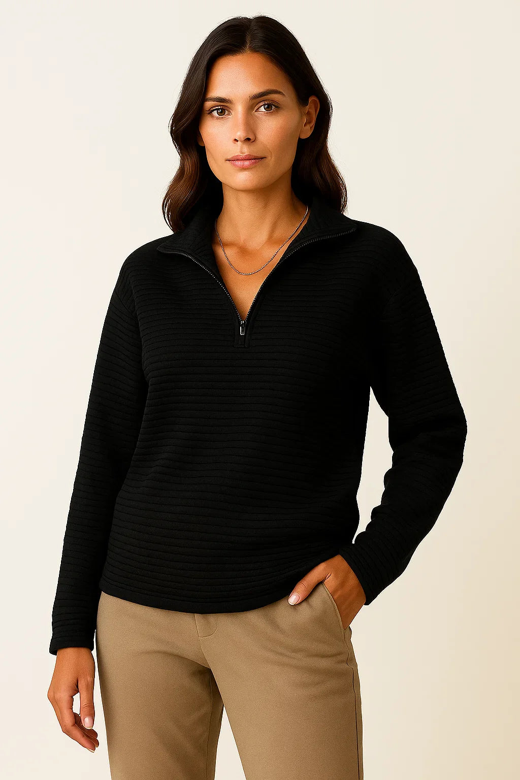 Damenpullover V-Ausschnitt Halb-Reißverschluss Schwarz Viskose Elasthan Elegant Casual
