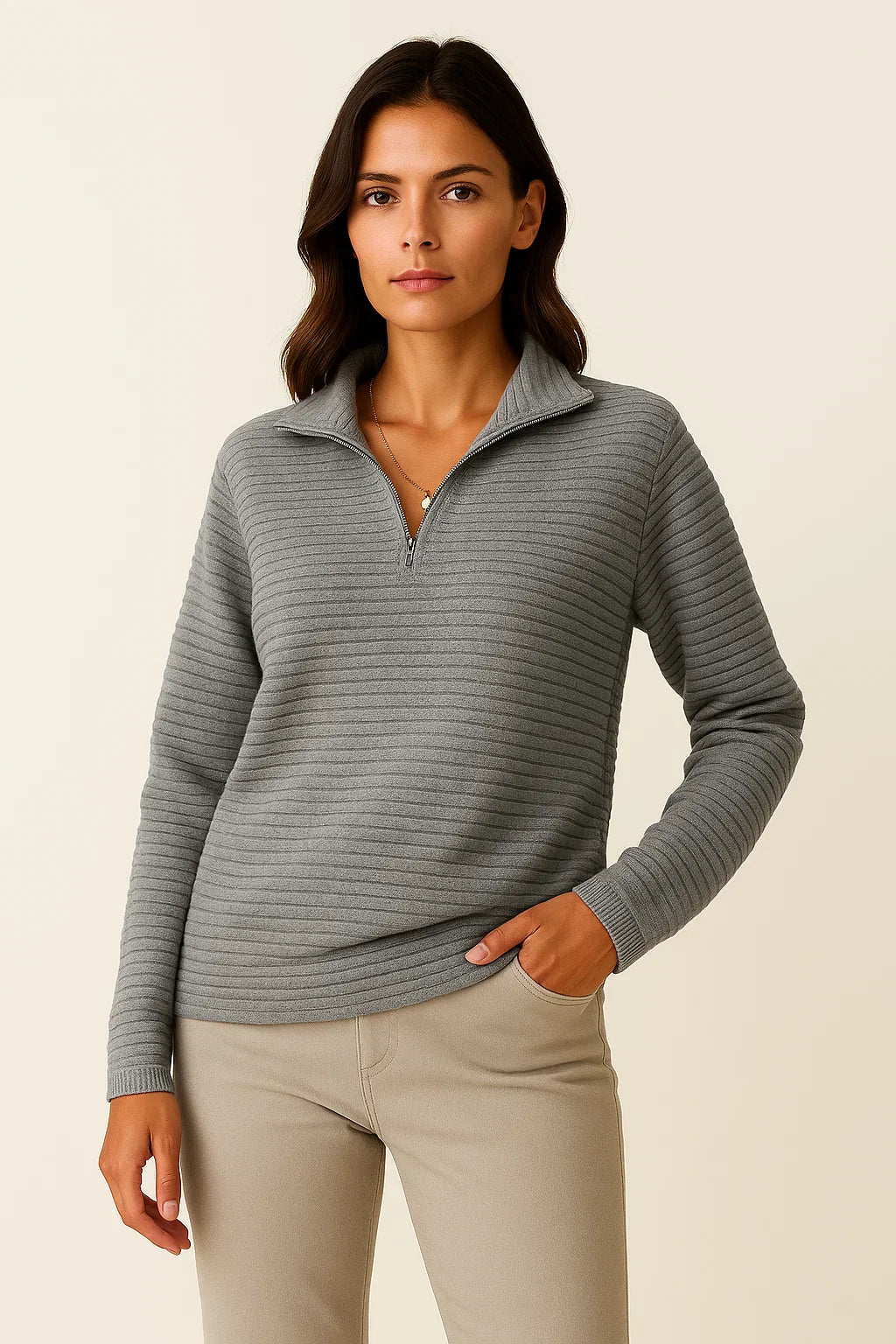 Damenpullover V-Ausschnitt Halb-Reißverschluss Schwarz Viskose Elasthan Elegant Casual