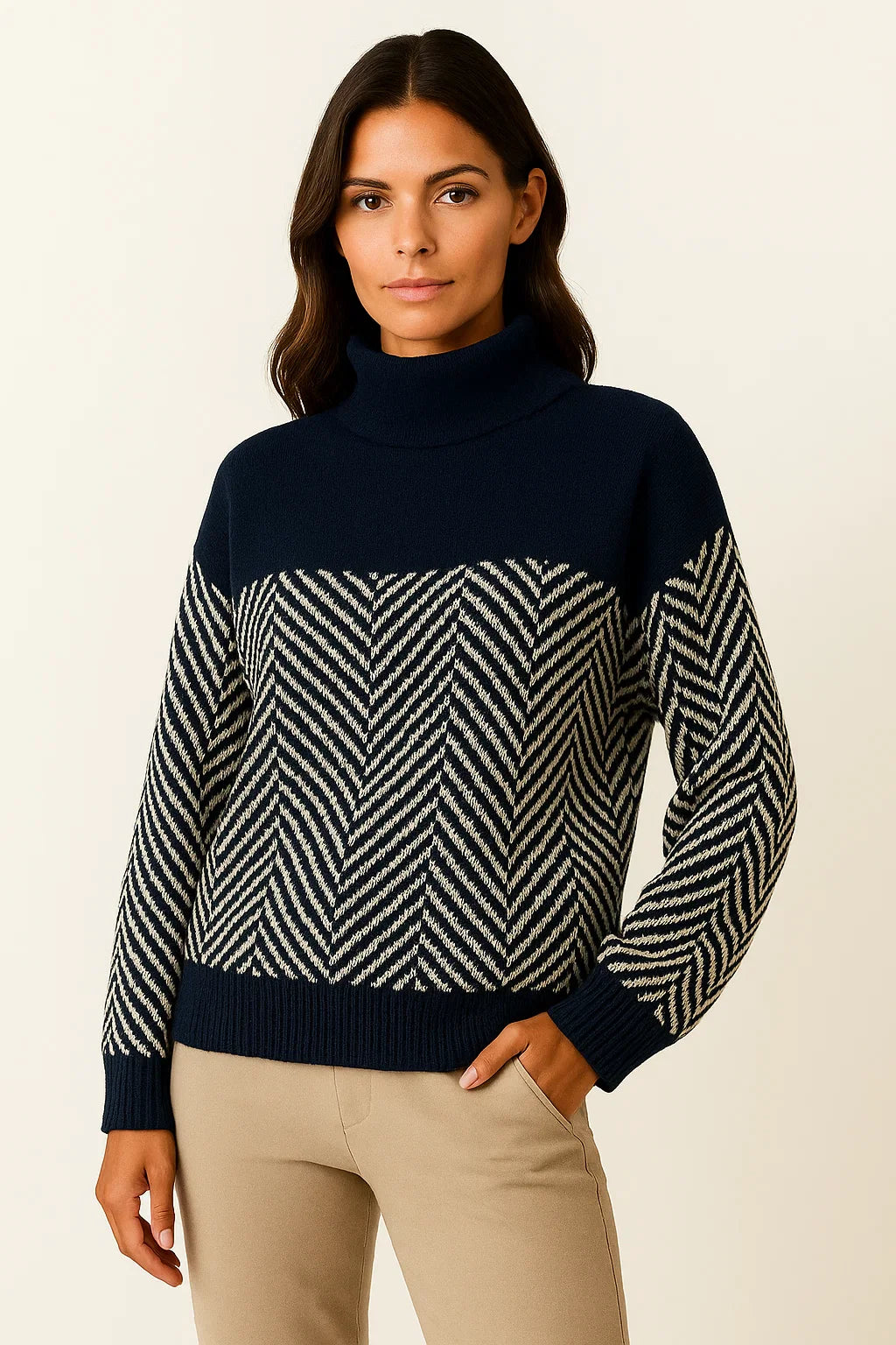 Damen Rollkragenpullover Beige Wolle Bequem Zeitloses Design Lässige Passform