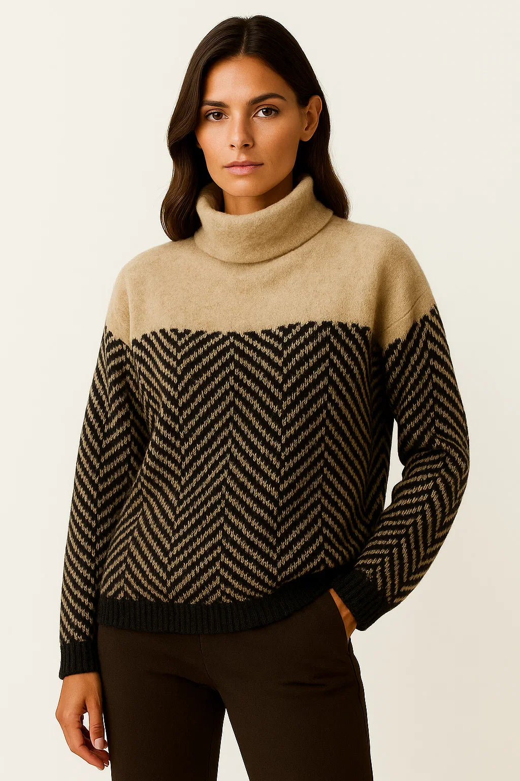 Damen Rollkragenpullover Beige Wolle Bequem Zeitloses Design Lässige Passform