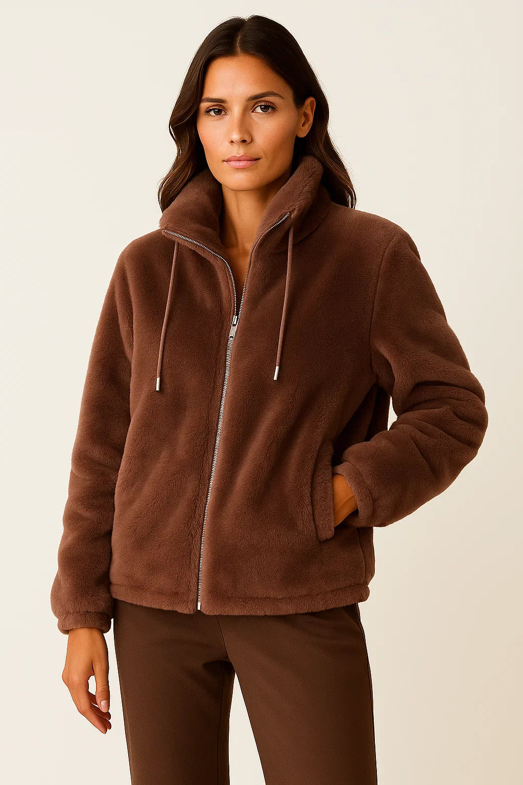 Winterjacke Damen Khaki Weiches Teddy-Material Lässige Lange Ärmel Mit Reißverschluss